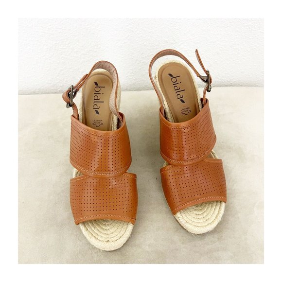 Biala Brown Leather Espadrille Slingback Sandal Wedges - Picture 3 of 6